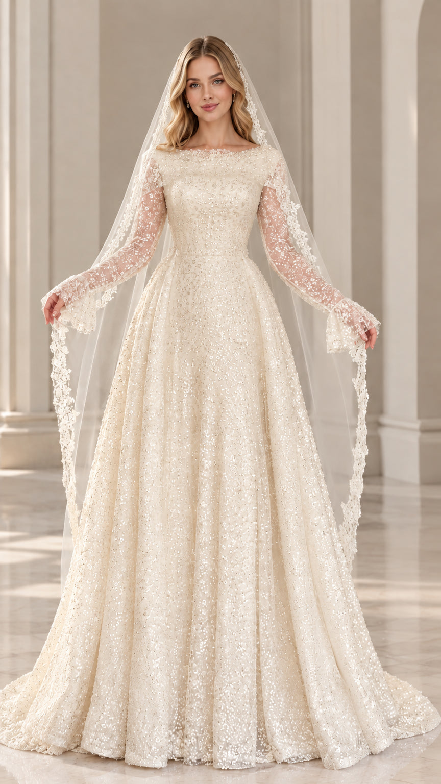 Model wearing champagne ivory sequin lace formal bridal gown