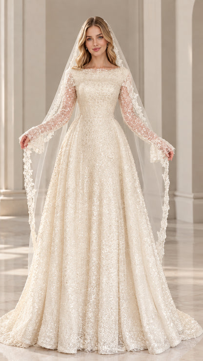 Model wearing champagne ivory sequin lace formal bridal gown