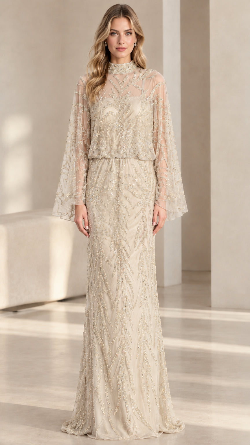 Front view of woman wearing champagne gold beaded cape sleeve evening gown