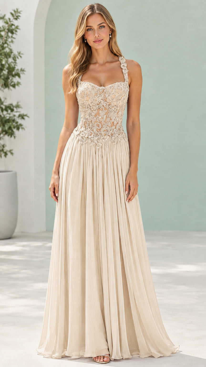 Champagne beige embroidered lace chiffon floor length gown
