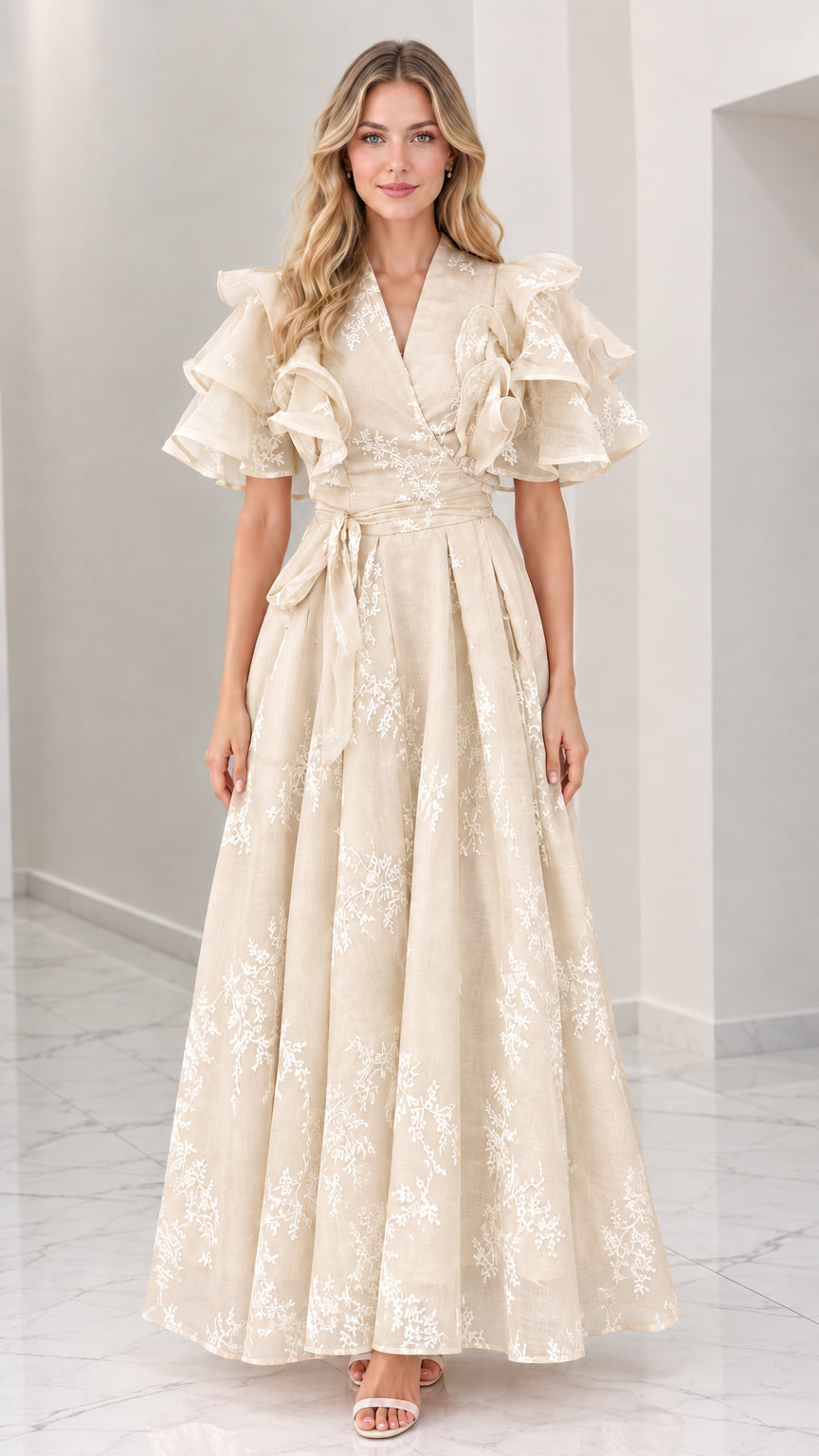 Front full-length view of champagne beige floral embroidered maxi dress with tiered ruffle sleeves