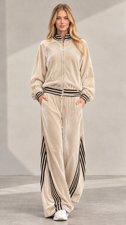 Women's beige and black striped velour two-piece set