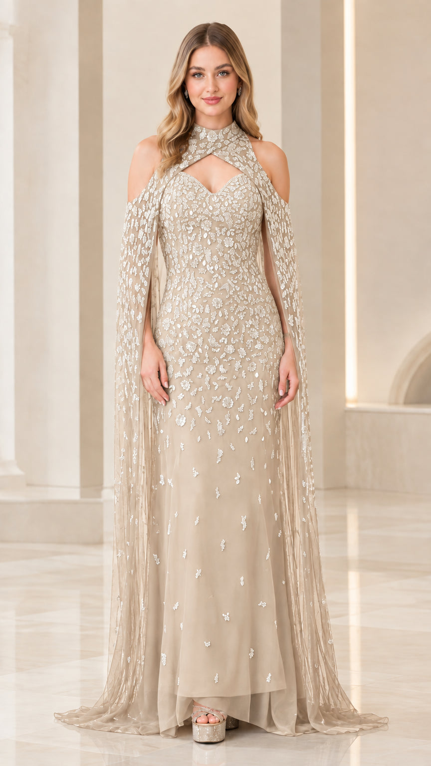 Full-length view of champagne gold beaded halter evening dress with cape