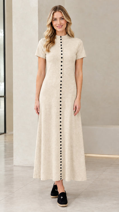 Full-length front view of woman wearing Oatmeal beige button-front short sleeve maxi dress