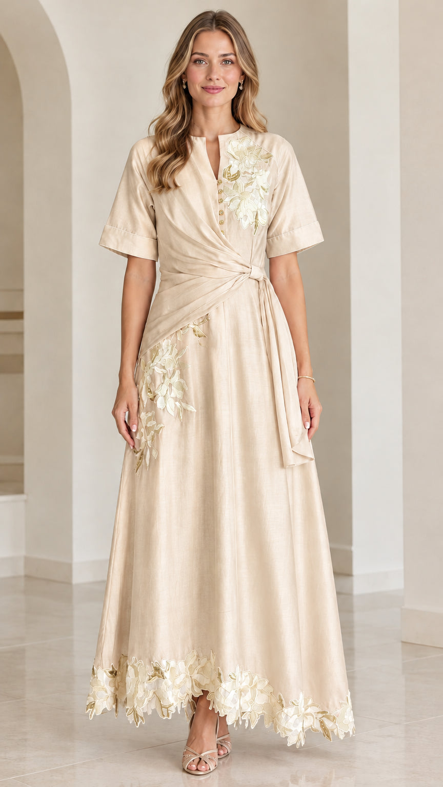 Front view of champagne floral embroidered twist-waist maxi dress