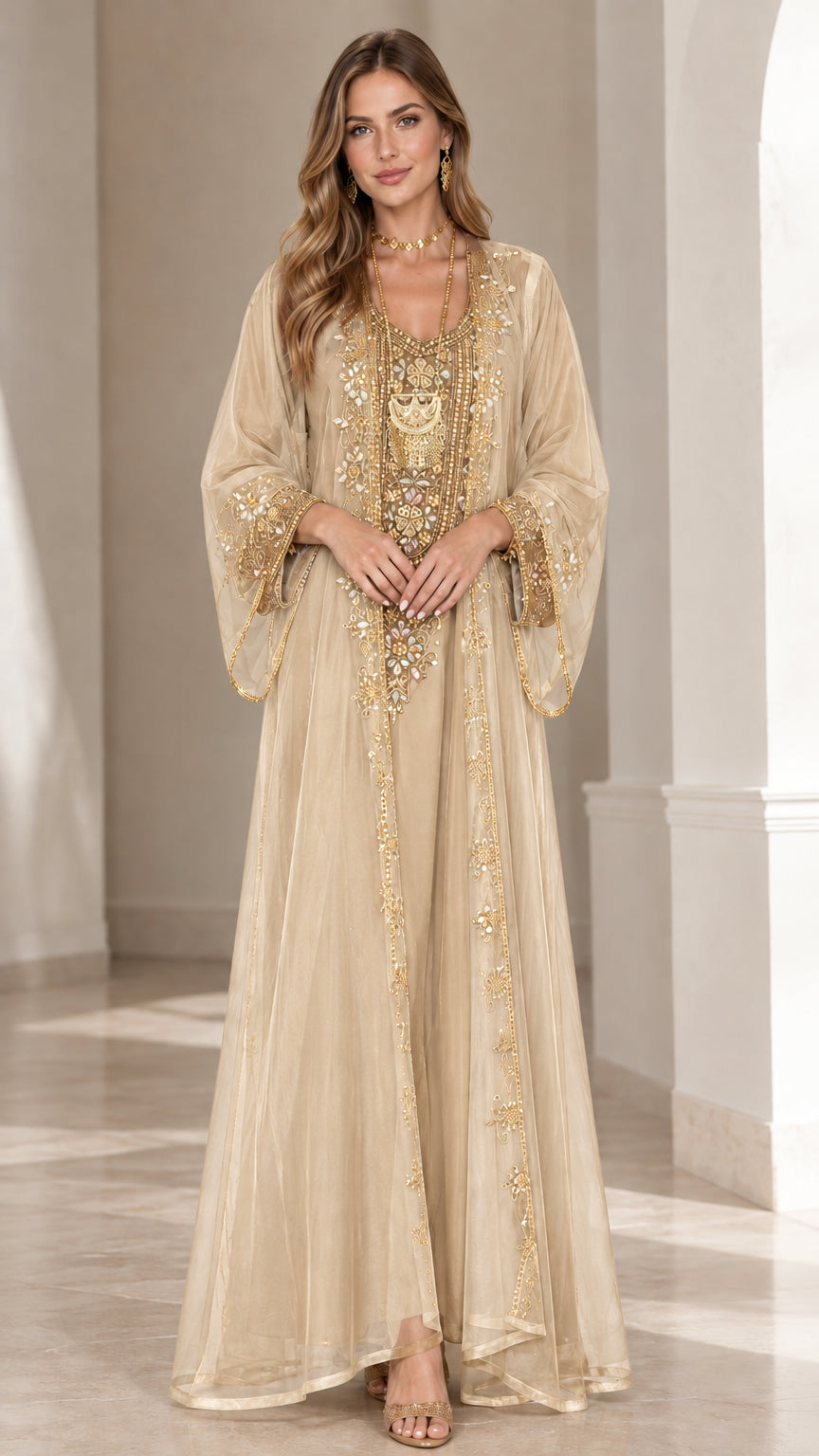 Champagne embroidered sheer overlay kaftan abaya maxi dress front view