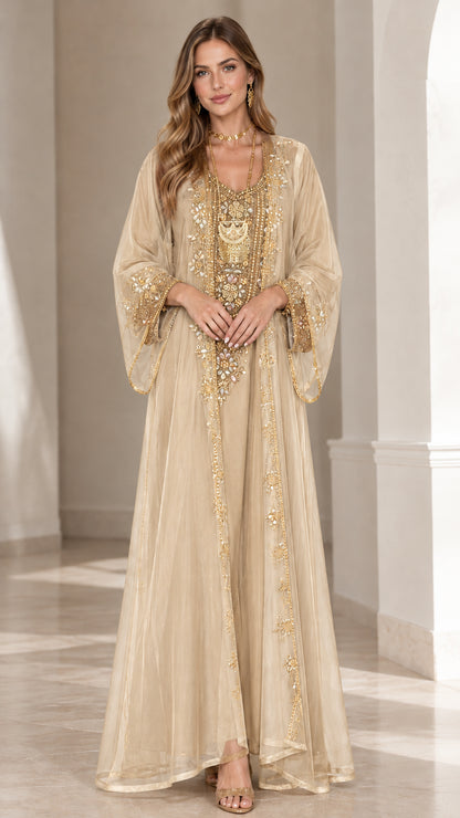 Champagne embroidered sheer overlay kaftan abaya maxi dress front view