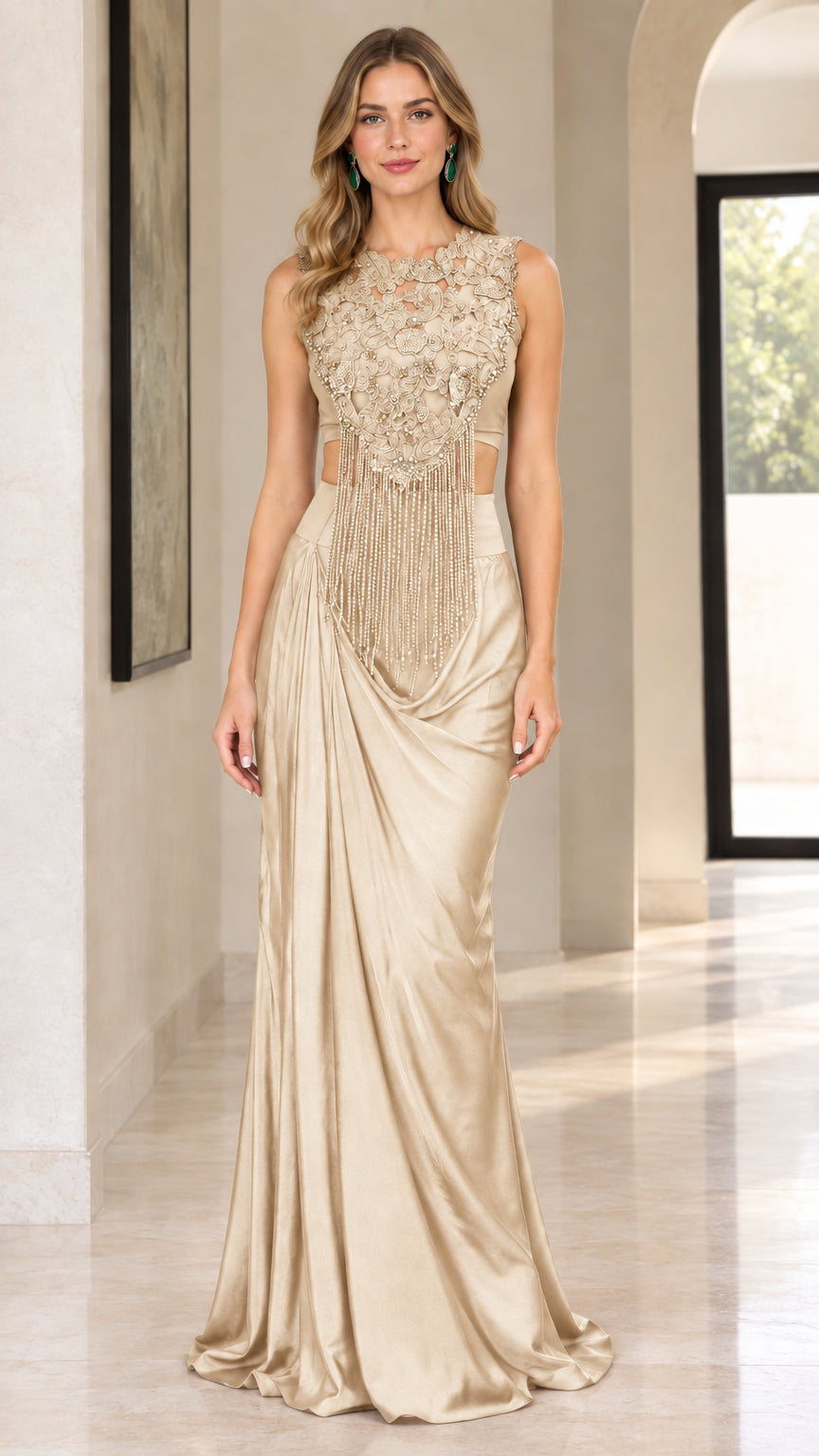 Full-length front view of the beaded fringe evening dress in Champagne