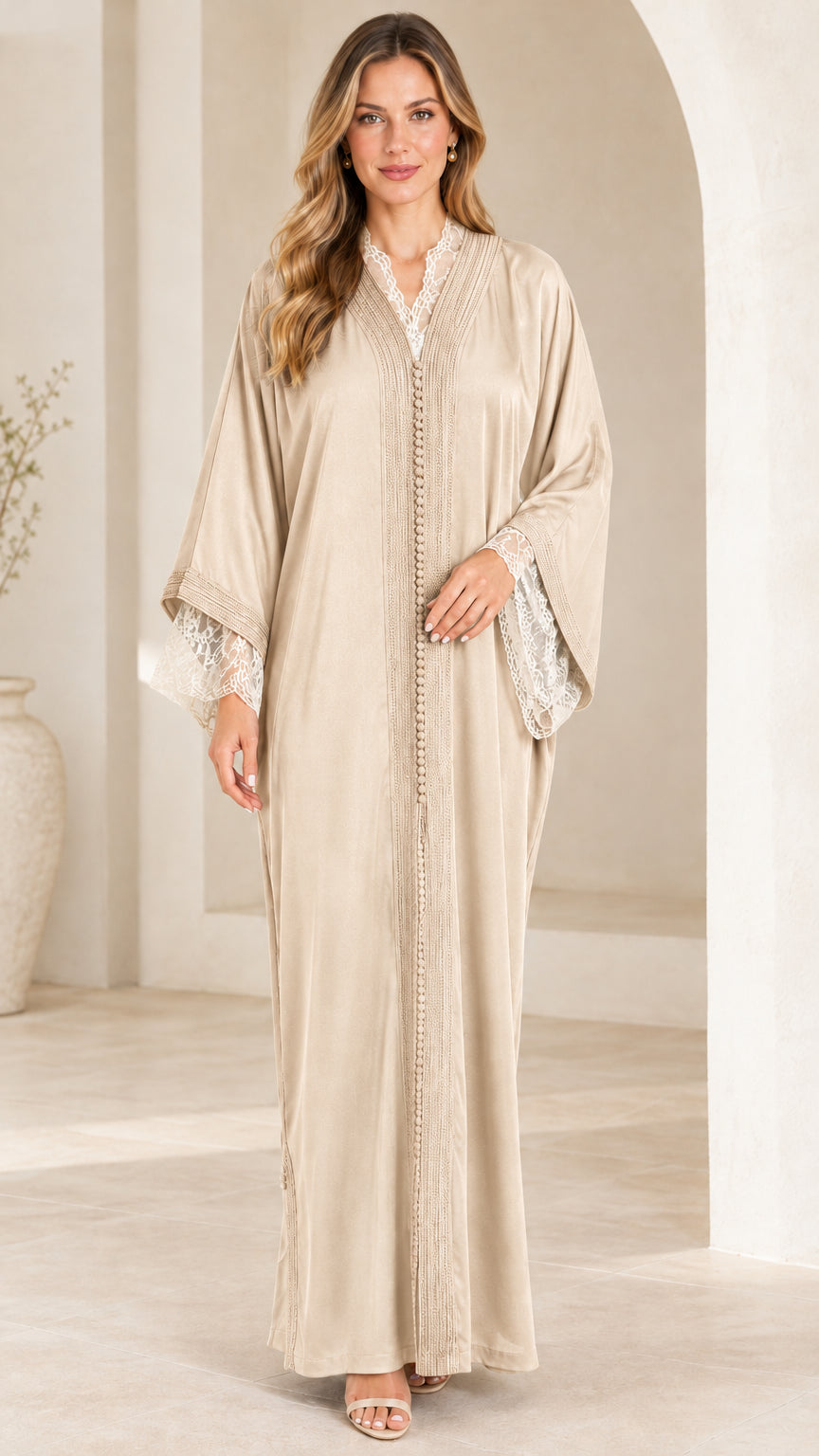 Champagne beige elegant maxi abaya dress with lace trim front view