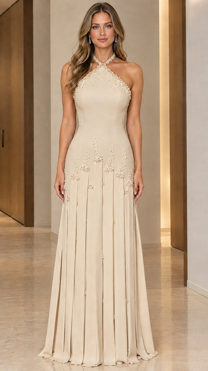 Champagne beige halter neck pearl beaded pleated maxi dress