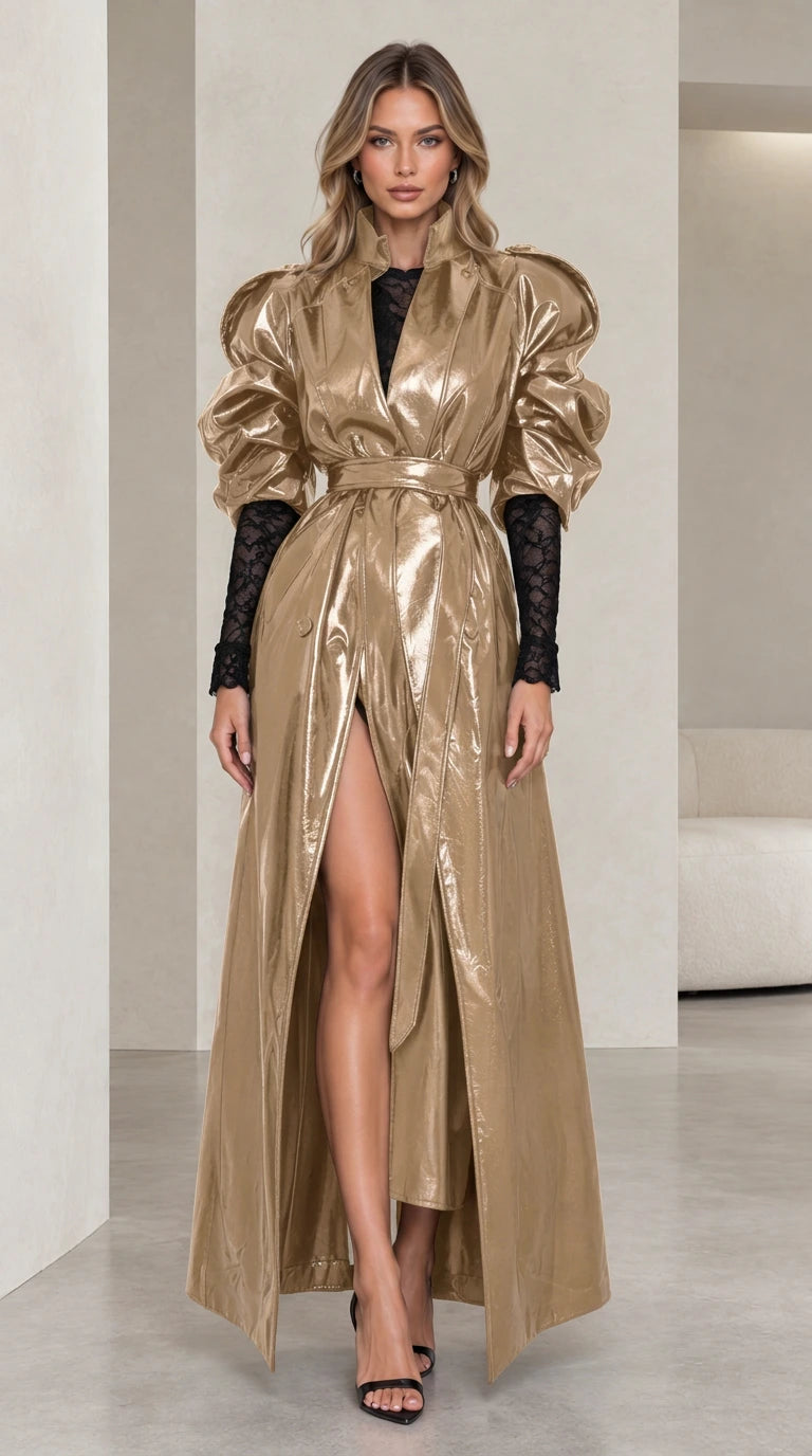 Champagne gold high shine patent maxi trench coat dress