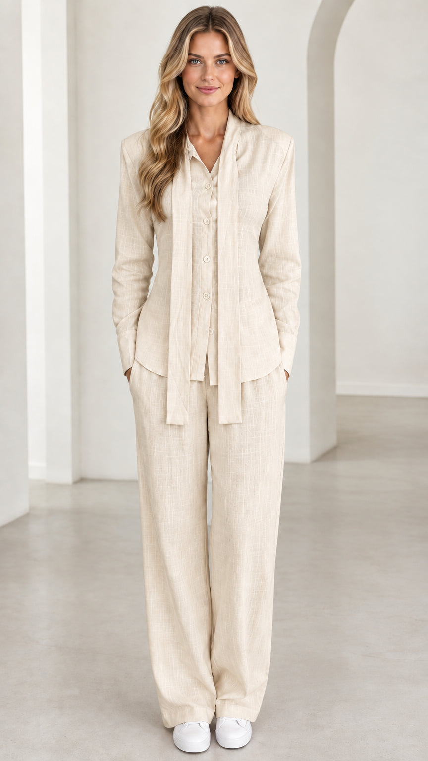 Front view of woman wearing beige tie-neck shirt and wide-leg trousers set