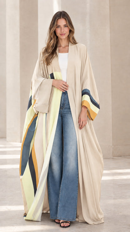 Full-length front view of beige cream colorblock open-front maxi kimono duster