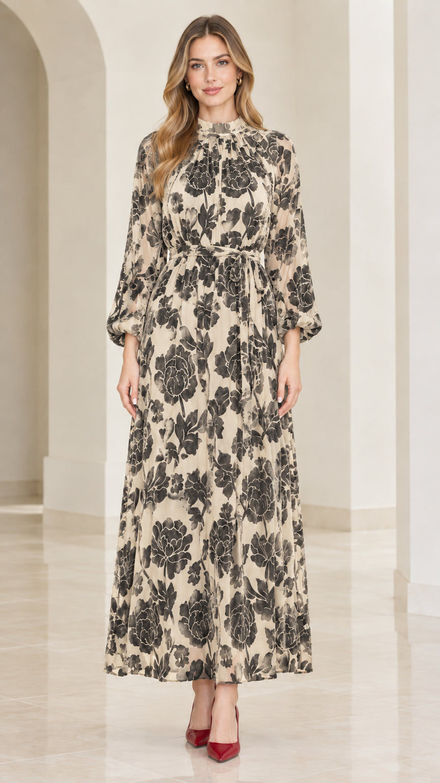Front view of model wearing champagne beige floral velvet burnout maxi dress