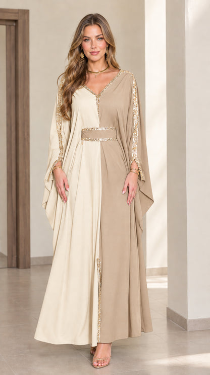 Two-tone champagne beige and taupe formal kaftan maxi dress with gold trim