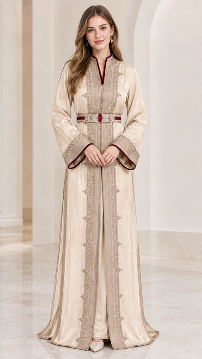 Front view of champagne beige embroidered Moroccan kaftan maxi dress with belt