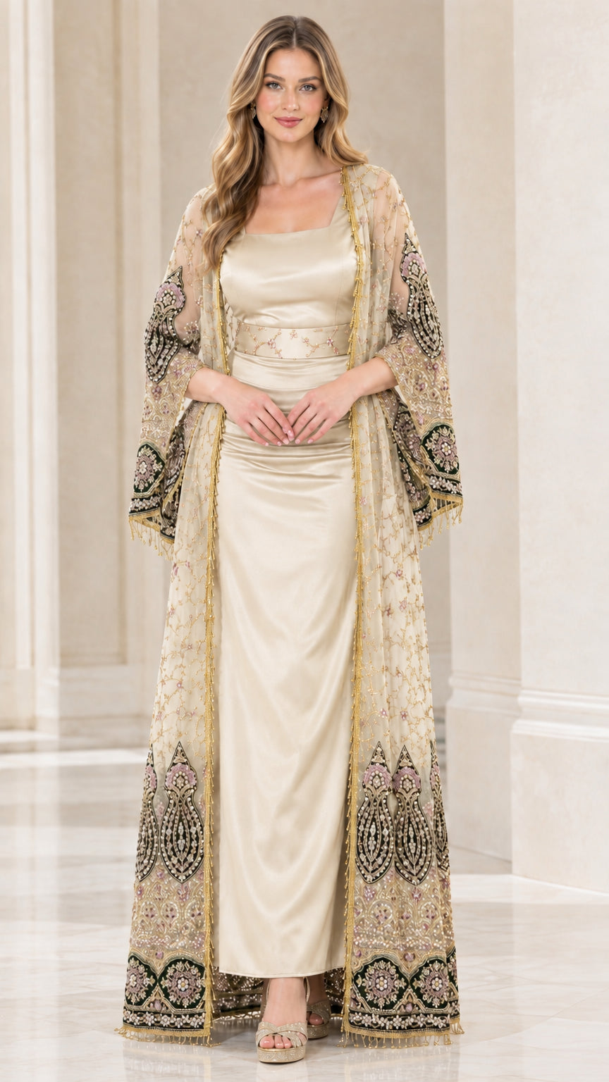 Front view of champagne gold embroidered mesh coat and satin evening gown