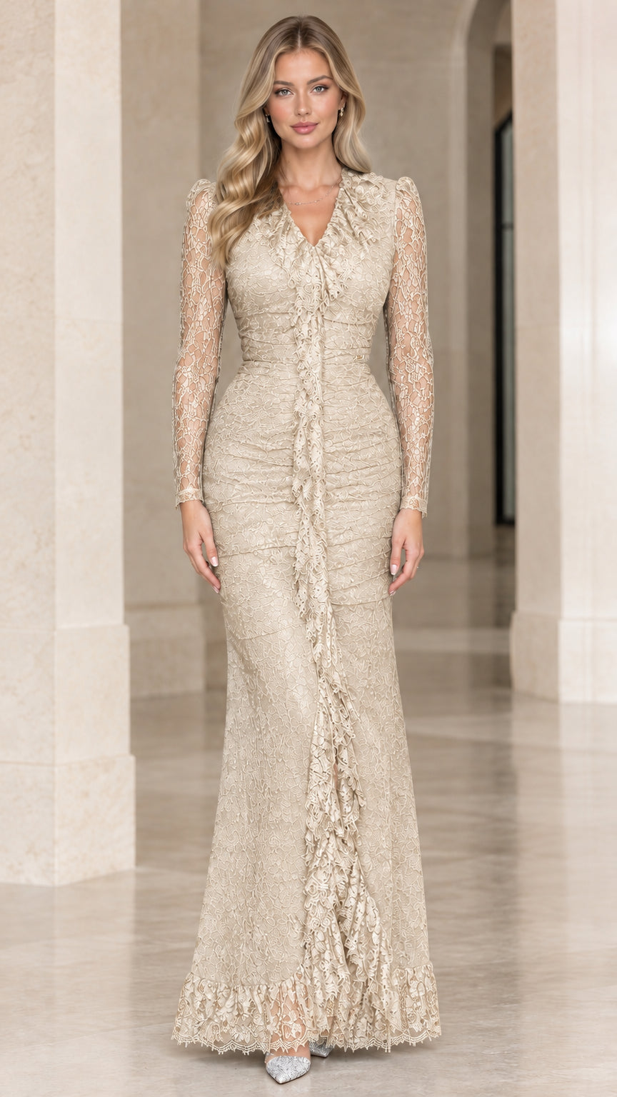 Front full-length view of Champagne beige lace long sleeve formal gown